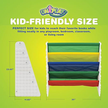 UNiPLAY Kids 4-Tier Book Storage Organizer with Sling Book Pockets, Plastic Sling Rack Bookshelf for Playroom, Fits Blocks, White/Primary - LeafyLoom