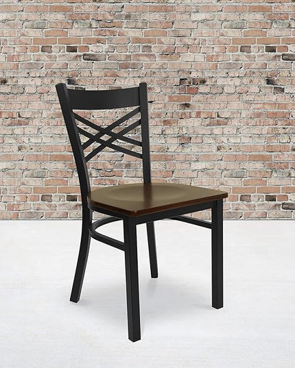 Flash Furniture 2 Pack HERCULES Series Black ''X'' Back Metal Restaurant Chair - Mahogany Wood Seat - LeafyLoom