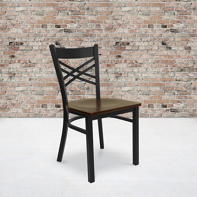 Flash Furniture 2 Pack HERCULES Series Black ''X'' Back Metal Restaurant Chair - Mahogany Wood Seat - LeafyLoom