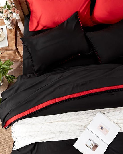 Anluoer King Comforter Set 7 Piece, Black Bed in a Bag with Sheets, Pom Pom Boho Bedding Comforter Sets with 1 Comforter, 2 Pillow Shams, 2 Pillowcases, 1 Flat Sheet, 1 Fitted Sheet - LeafyLoom