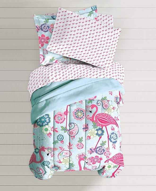 dream FACTORY Kids 7-Piece Complete Set Easy-Wash Super Soft Microfiber Comforter Bedding, Full, Pink Flamingo - LeafyLoom