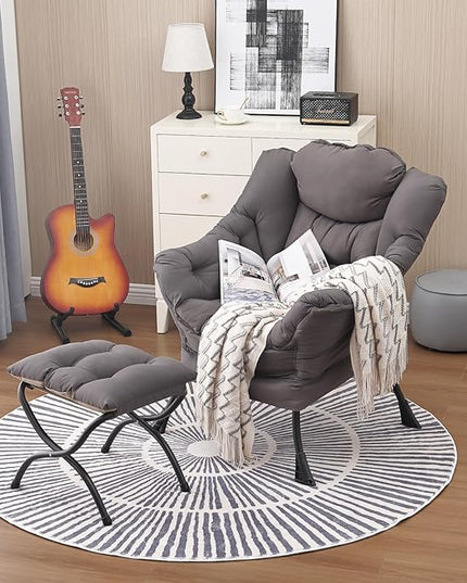 Lazy Chair and Ottoman, Large Accent Lounge Chair with Armrests and a Side Pocket, Modern Leisure Upholstered Sofa Reading Armchair with Footrest for Bedroom, Living Room, Dorm Rooms, Office - LeafyLoom