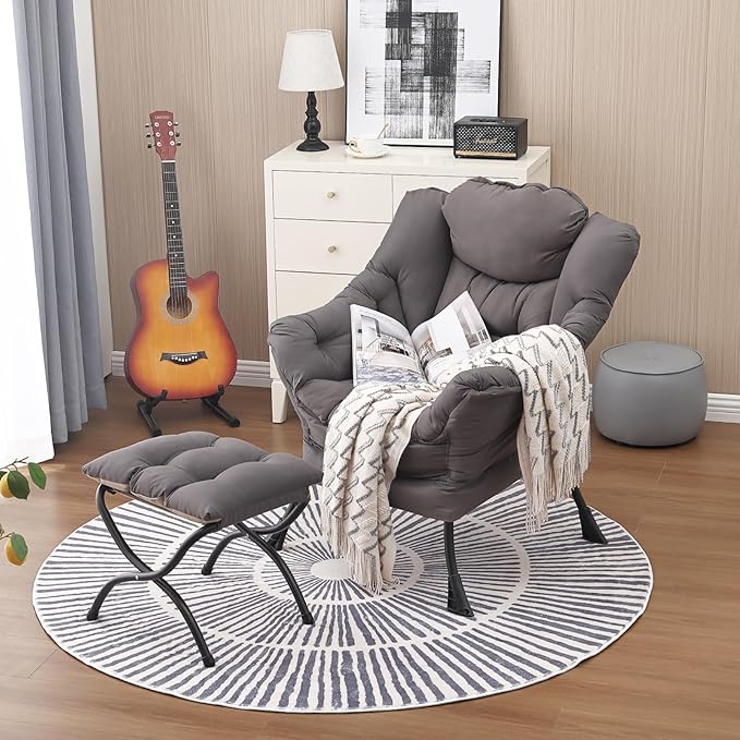 Lazy Chair and Ottoman, Large Accent Lounge Chair with Armrests and a Side Pocket, Modern Leisure Upholstered Sofa Reading Armchair with Footrest for Bedroom, Living Room, Dorm Rooms, Office - LeafyLoom