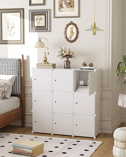 C&AHOME Cube Storage Organizer with Doors, 9-Cube Shelf, Closet Cabinet, DIY Plastic Modular Bookshelf, Storage Shelves Ideal for Bedroom,Living Room,36.6”L x 12.4”W x 36.6”H Milky USHS3009M-DOOR - LeafyLoom