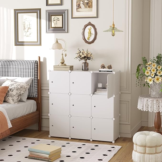 C&AHOME Cube Storage Organizer with Doors, 9-Cube Shelf, Closet Cabinet, DIY Plastic Modular Bookshelf, Storage Shelves Ideal for Bedroom,Living Room,36.6”L x 12.4”W x 36.6”H Milky USHS3009M-DOOR - LeafyLoom