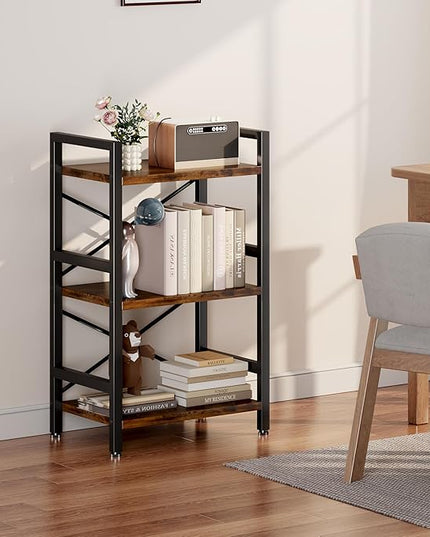 Conami Small Bookshelf, 3 Tier Industrial Bookcase, Bookcase Shelf Storage Organizer, Short Book Shelf for Bedroom, Living Room and Home Office, Vintage - LeafyLoom
