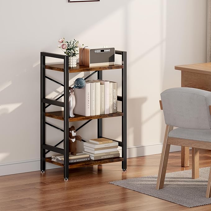 Conami Small Bookshelf, 3 Tier Industrial Bookcase, Bookcase Shelf Storage Organizer, Short Book Shelf for Bedroom, Living Room and Home Office, Vintage - LeafyLoom
