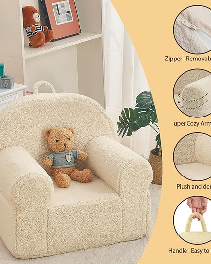 Beige Sherpa Toddler Chair, Soft Kids Plush Chair for Relaxing & Reading, Lightweight Handle Design, Easy to Clean, Removable Cover, Modern Style, 22x20x24 inches, 7.7 pounds - LeafyLoom