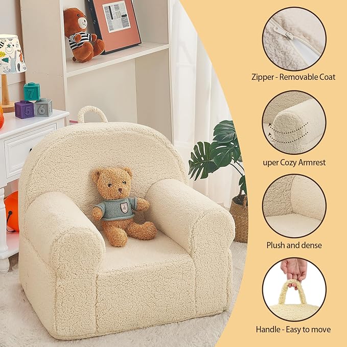 Beige Sherpa Toddler Chair, Soft Kids Plush Chair for Relaxing & Reading, Lightweight Handle Design, Easy to Clean, Removable Cover, Modern Style, 22x20x24 inches, 7.7 pounds - LeafyLoom