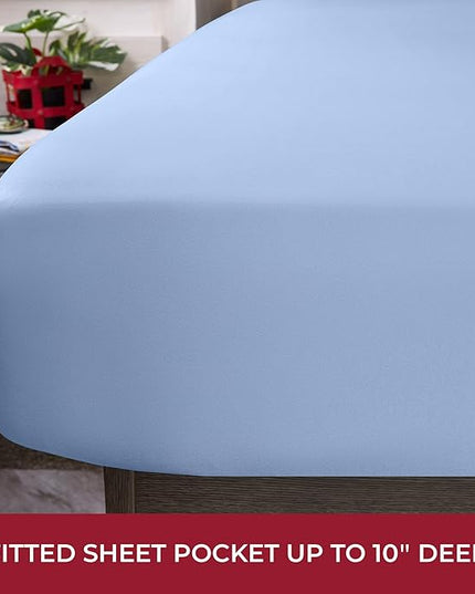 Mellanni RV Short Queen Sheets - 4 PC Iconic Collection Bedding Sheets & Pillowcases - Hotel Luxury, Extra Soft, Cooling Bed Sheets - Deep Pocket up to 10 inch (RV/Short Queen, Sky Blue) - LeafyLoom