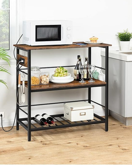 HOOBRO Kitchen Island with Storage, Kitchen Island Table with Power Outlet, 3 Tier Coffee Station and Microwave Stand, for Home, Kitchen and Dining Room, Rustic Brown and Black BF021ZD01 - LeafyLoom