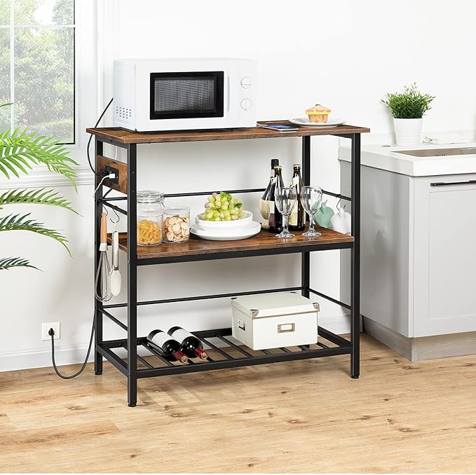 HOOBRO Kitchen Island with Storage, Kitchen Island Table with Power Outlet, 3 Tier Coffee Station and Microwave Stand, for Home, Kitchen and Dining Room, Rustic Brown and Black BF021ZD01 - LeafyLoom