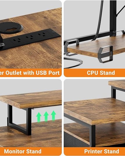 Unikito Reversible L Shaped Computer Desk with Fabric File Drawers, 70.8" Large Office Desk with RGB LED Lights & Power Outlets & Monitor Stand & CPU Stand, Sturdy Corner Gaming Desk, Rustic Brown - LeafyLoom