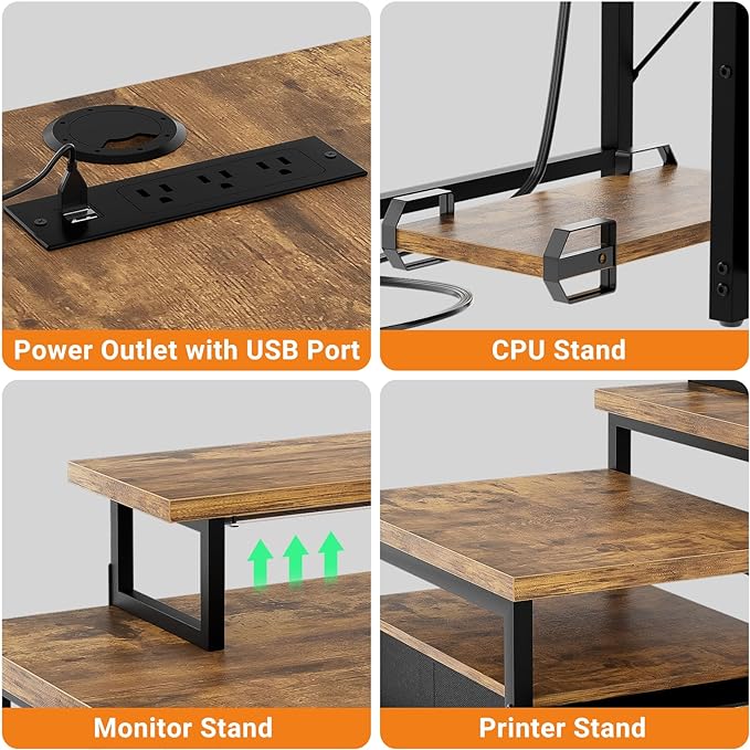 Unikito Reversible L Shaped Computer Desk with Fabric File Drawers, 70.8" Large Office Desk with RGB LED Lights & Power Outlets & Monitor Stand & CPU Stand, Sturdy Corner Gaming Desk, Rustic Brown - LeafyLoom