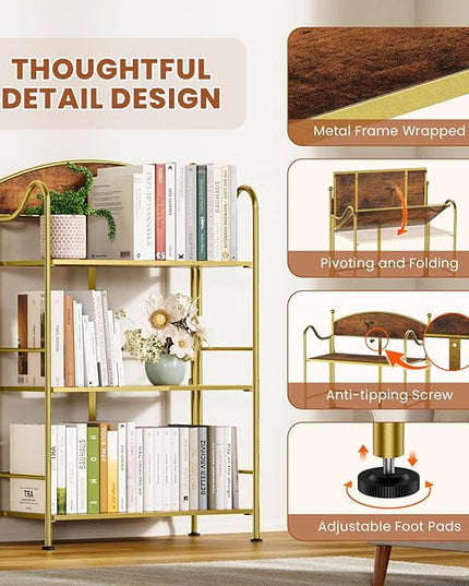 Folding Bookshelf No Assembly, 3 Shelf Gold Folding Bookcase,Industrial Small Metal Corner Display Book Shelf with Storage Shelves for Bedroom,Living Room, Home Office - LeafyLoom