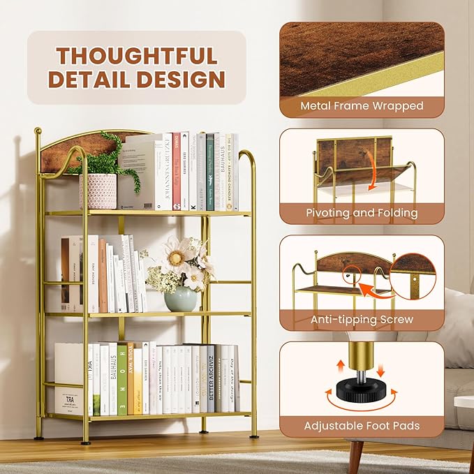 Folding Bookshelf No Assembly, 3 Shelf Gold Folding Bookcase,Industrial Small Metal Corner Display Book Shelf with Storage Shelves for Bedroom,Living Room, Home Office - LeafyLoom