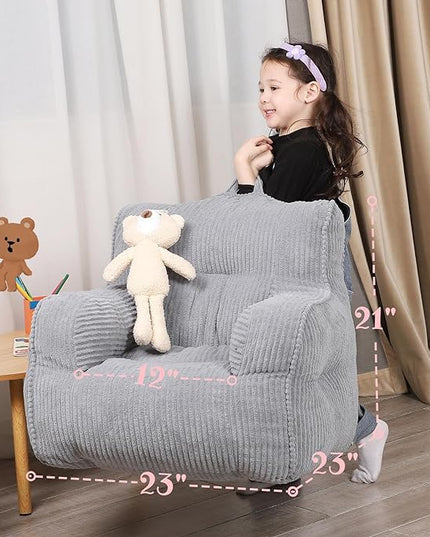 Kids Bean Bag Chair with a Plush Bear, Comfy Toddler Chair for Boys and Girls, Grey - LeafyLoom