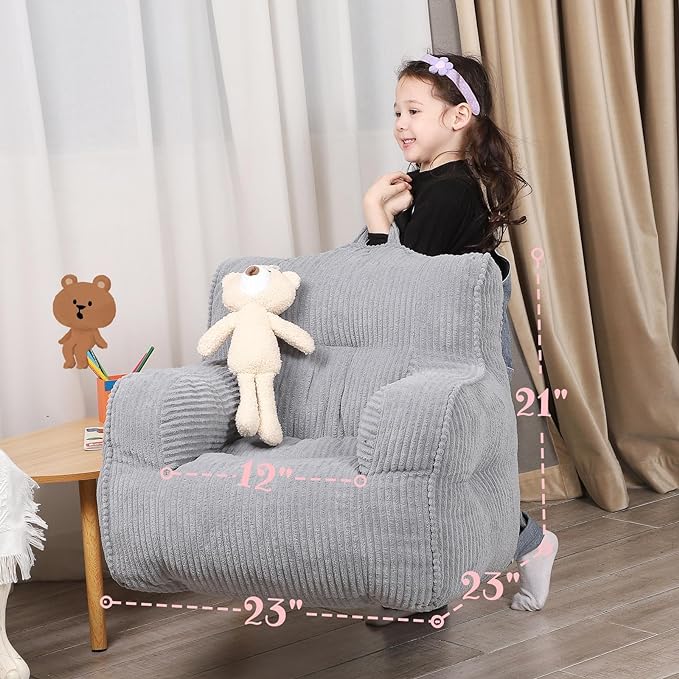 Kids Bean Bag Chair with a Plush Bear, Comfy Toddler Chair for Boys and Girls, Grey - LeafyLoom