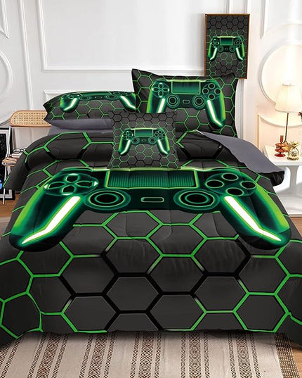 Kids Gaming Bedding Sets, 6 Piece Gamer Comforter Sets for Teens Boys Queen Size for Bedroom Comforter Set Adult 3D Gamepad Microfiber Bedding Sets Fits All Season (Queen Comforter - LeafyLoom