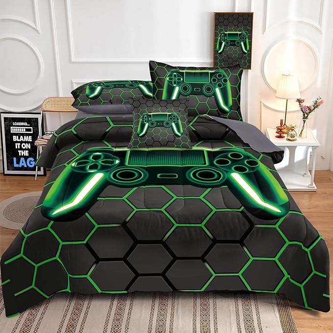Kids Gaming Bedding Sets, 6 Piece Gamer Comforter Sets for Teens Boys Queen Size for Bedroom Comforter Set Adult 3D Gamepad Microfiber Bedding Sets Fits All Season (Queen Comforter - LeafyLoom