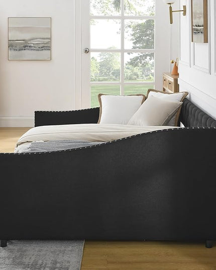 Full Size Daybed with Two Storage Drawers, Linen Upholstered Tufted Sofa Bed w/Button on Back and Copper Nail on Waved Shape Arms, for Bedroom Living Room, No Box Spring Needed, Black - LeafyLoom