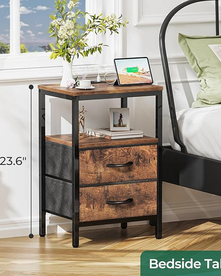 Nightstands Set of 2, End Tables with Charging Station, Side Tables with Fabric Drawers, Bedside Tables with USB Ports and Outlets, Night Stands for Bedroom, Rustic Brown - LeafyLoom