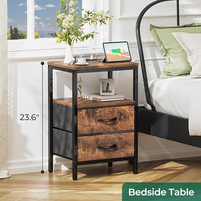 Nightstands Set of 2, End Tables with Charging Station, Side Tables with Fabric Drawers, Bedside Tables with USB Ports and Outlets, Night Stands for Bedroom, Rustic Brown - LeafyLoom