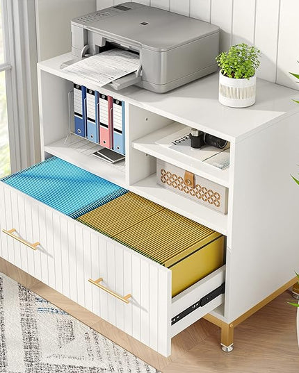 White Lateral File Cabinet with Drawer, 35.4" Modern Filing Cabinet with Adjustable Hanging Rod for Legal/Letter/A4 Size Files, Wood Printer Stand with Open Storage Spaces for Home Office - LeafyLoom