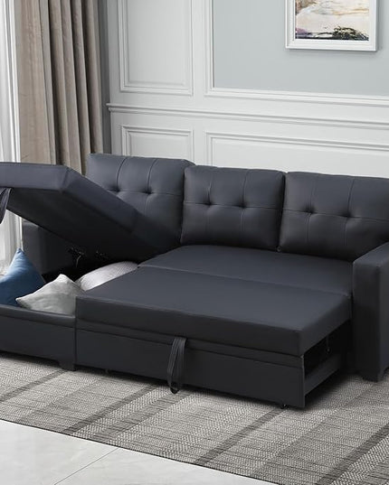 4-in-1 Convertible L Shaped Couch with Pull Out Bed and Storage Sectional Sleeper Sofa with Reversible Chaise for Living Room, Apartment, Bedroom, Office, Jet Black - LeafyLoom