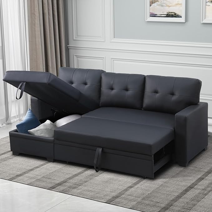 4-in-1 Convertible L Shaped Couch with Pull Out Bed and Storage Sectional Sleeper Sofa with Reversible Chaise for Living Room, Apartment, Bedroom, Office, Jet Black - LeafyLoom