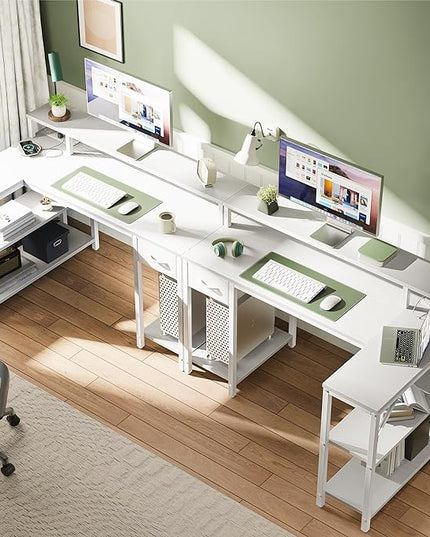 SUPERJARE 47 inch Reversible L Shaped Desk with LED Lights & Power Outlets, Computer Desk with Shelves & Monitor Stand, Gaming Desk with Drawer, Home Office Desk Corner Desk, PU White Drawer - LeafyLoom