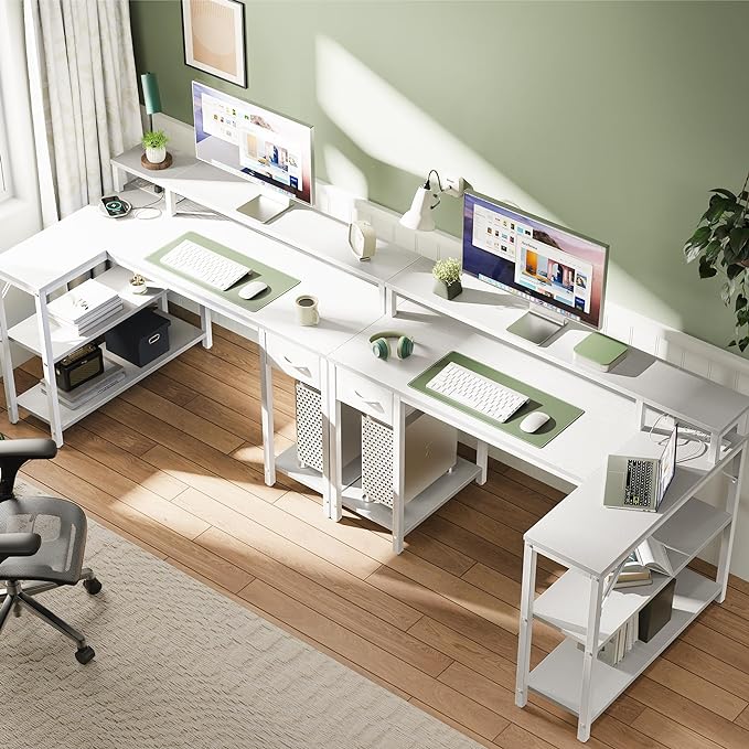 SUPERJARE 47 inch Reversible L Shaped Desk with LED Lights & Power Outlets, Computer Desk with Shelves & Monitor Stand, Gaming Desk with Drawer, Home Office Desk Corner Desk, PU White Drawer - LeafyLoom