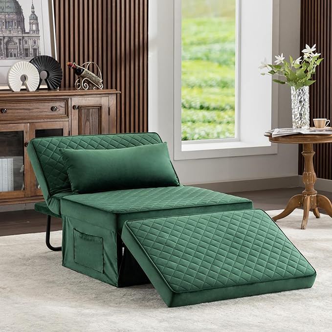 Sofa Bed, 4 in 1 Multi-Function Folding Ottoman Breathable Velvet Couch Bed with Adjustable Backrest Modern Convertible Chair for Living Room Apartment Office,Squared-Green - LeafyLoom