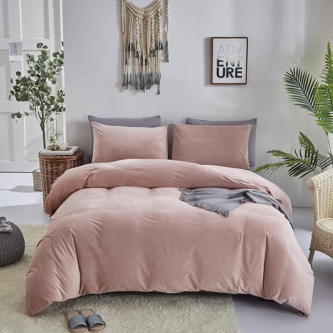 Wellboo Pink Velvet Comforter Sets California King Women Girls Blush Pink Cal King Bedding Comforters Cute Dusty Pink Adults Winter Quilt Solid Light Red Fluffy Flannel Quilt Bean Pink Fuzzy Plush Bed - LeafyLoom