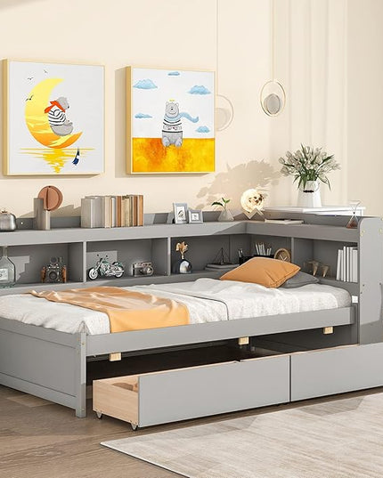 Twin Size Platform 2 Storage Drawers and L-Shaped Bookcases, Wooden Captain Bed Daybed Frame with Headboard for Bedroom, Living Room, Gray - LeafyLoom