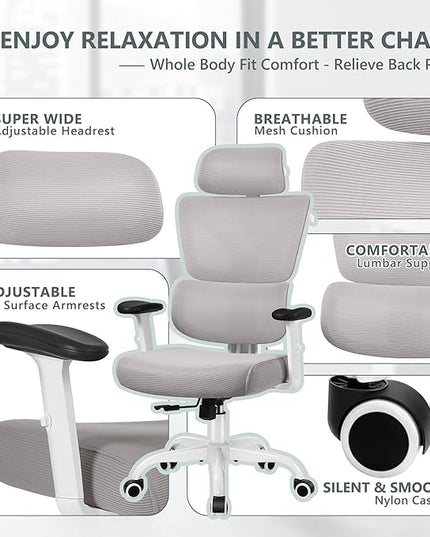 Office Chair Ergonomic Desk Chair, High Back Gaming Chair, Big and Tall Reclining chair Comfy Home Office Desk Chair Lumbar Support Breathable Mesh Computer Chair Adjustable Armrests (Gray) - LeafyLoom