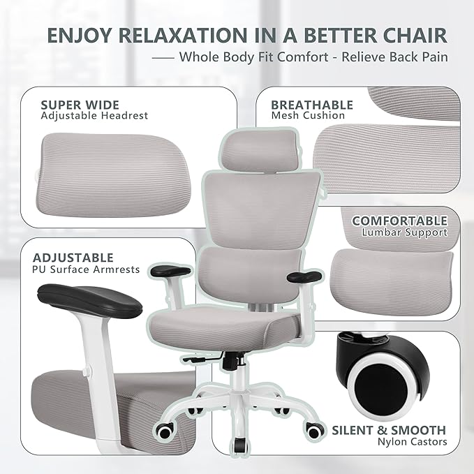 Office Chair Ergonomic Desk Chair, High Back Gaming Chair, Big and Tall Reclining chair Comfy Home Office Desk Chair Lumbar Support Breathable Mesh Computer Chair Adjustable Armrests (Gray) - LeafyLoom