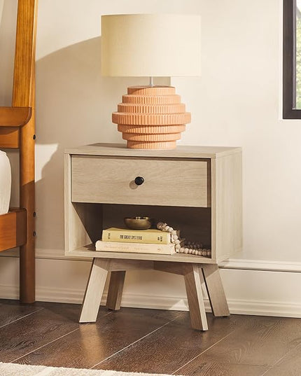 Walker Edison Mid-Century Modern 1 Nightstand Bedroom Storage Drawer and Shelf Bedside End Table, 21 Inch, Coastal Oak - LeafyLoom