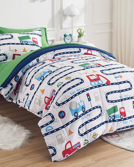SLEEP ZONE Kids Bedding Comforter Set Full/Queen Size - Super Cute & Soft Kids Bedding 7 Pieces Set with Comforter, Sheet, Pillowcase & Sham (Road Trip, Full/Queen) - LeafyLoom