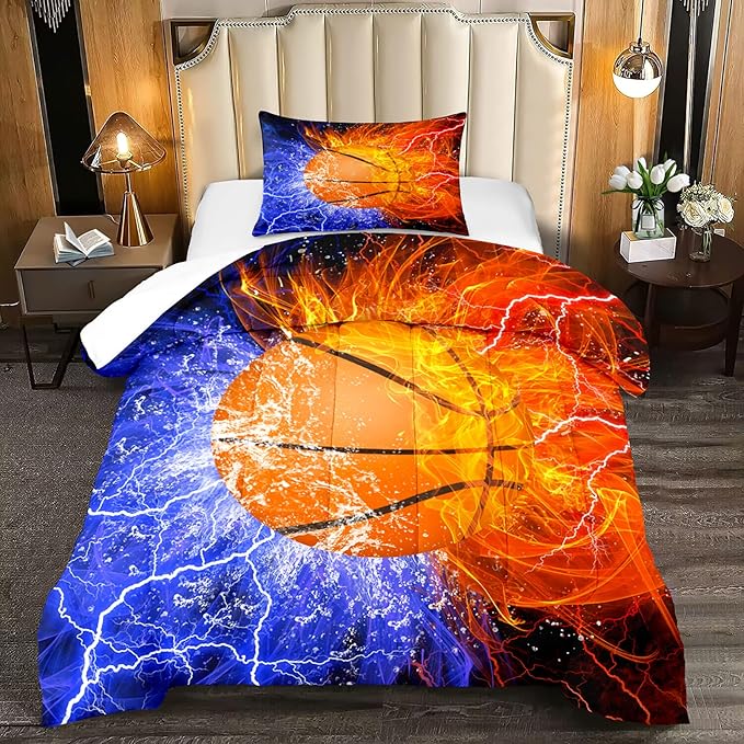 Basketball Comforter Set Twin Size Comforter Set for Boys Basketball Bedding Basketball Comforter Set Sport Microfiber Twin Bedding Set for Kids Boys Teens, 1 Comforter+1 Pillowcase - LeafyLoom