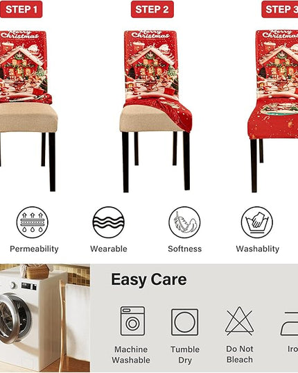 4PCS Christmas Dining Chair Covers Stretch Removable Washable Dining Room Chair Protector Slipcovers Santa Claus House Wreaths Kitchen Chair Cover Slipcover Protector for Xmas Holiday Party Home Décor CZL