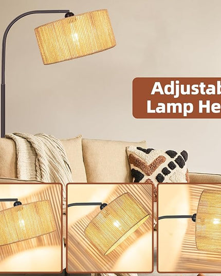 Boho Floor Lamp with Dimmable Bulb Nartual Rattan Adjustable Lampshade, Bronze Rustic Farmhouse Floor Lamps for Living Room, Bedroom, Office, Classroom - LeafyLoom