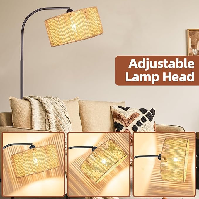 Boho Floor Lamp with Dimmable Bulb Nartual Rattan Adjustable Lampshade, Bronze Rustic Farmhouse Floor Lamps for Living Room, Bedroom, Office, Classroom - LeafyLoom