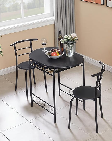 VECELO 3 Piece Small Round Dining Table Set for Kitchen Breakfast Nook, Wood Grain Tabletop with Wine Storage Rack, Save Space, 31.5", Matte Black - LeafyLoom