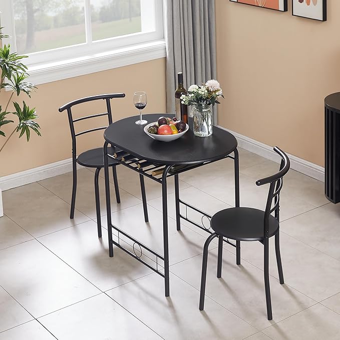 VECELO 3 Piece Small Round Dining Table Set for Kitchen Breakfast Nook, Wood Grain Tabletop with Wine Storage Rack, Save Space, 31.5", Matte Black - LeafyLoom