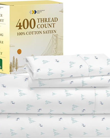 California Design Den Lodge Sheets Printed Set, Full Size Sheets Set Cotton, 400 Thread Count, 100% Cotton Sateen 4 Pc Deep Pocket Full Sheets & Pillowcase Set - Lodge Camp - LeafyLoom
