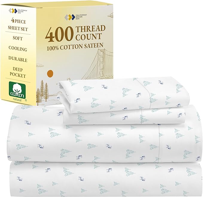 California Design Den Lodge Sheets Printed Set, Full Size Sheets Set Cotton, 400 Thread Count, 100% Cotton Sateen 4 Pc Deep Pocket Full Sheets & Pillowcase Set - Lodge Camp - LeafyLoom