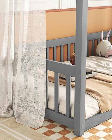 Twin Size Canopy Bed Frame with Guardrails for Kids,Floor Bed Twin with Four Poster Design,Kids Montessori Floor Bed,Wood Canopy Bed Frame for Girls,Boys(Twin,Grey) - LeafyLoom