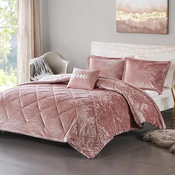 Intelligent Design King Comforter Set, Velvet Comforter Set , Luxury Diamond Quilting Comforter Set, Fluffy Comforter Bed Set with Decorative Pillowand 2 Shams, 4 Piece Pink, King/ Cal King - LeafyLoom