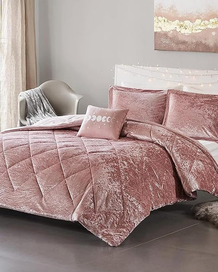 Intelligent Design Felicia Luxe Comforter Velvet Lush Double Sided Diamond Quilting, Modern All Season Bedding Set with Matching Sham, Decorative Pillow, Full/Queen(90"x90"), Blush 4 Piece - LeafyLoom